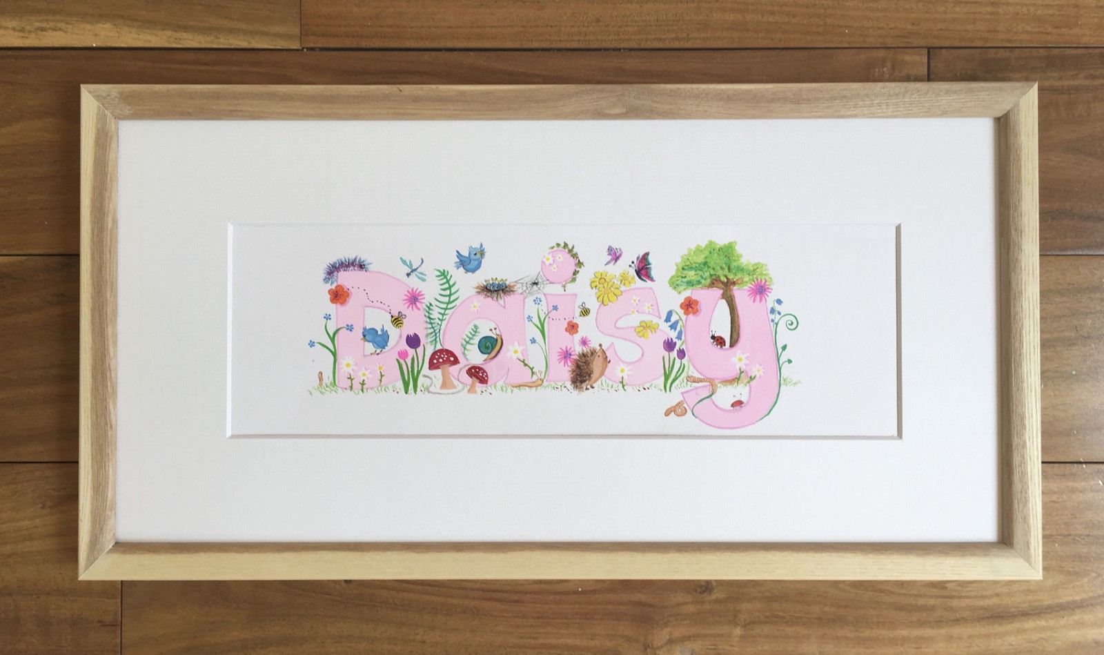 Daisy. Theme: Garden.  Mixed media on illustration paper.  Natural wood frame.